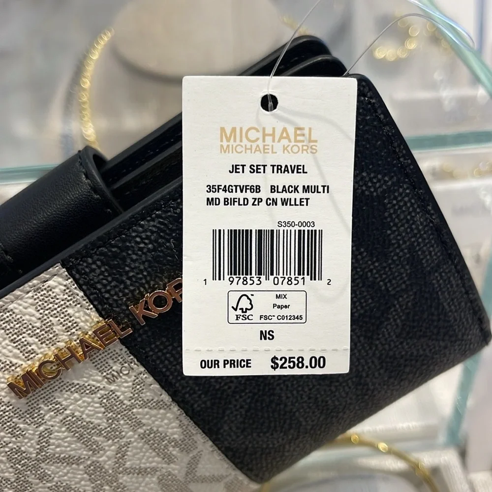 Michael Kors Jet Set Medium Two-Tone Logo Wallet BLACK COMBO NWT